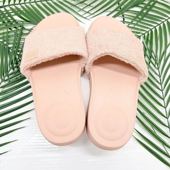 Fitflop iQUSHION Women's Towelling Slide Sandals Beige Buff Cotton Size 6 - Picture 6 of 9